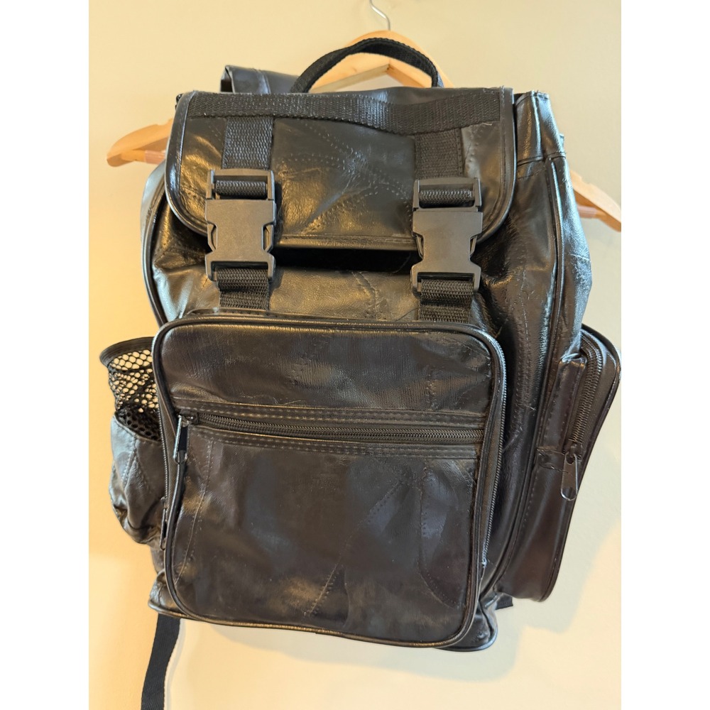Diamond Plate Buffalo Leather Backpack Black motorcycle Multi Pocket Rucksack